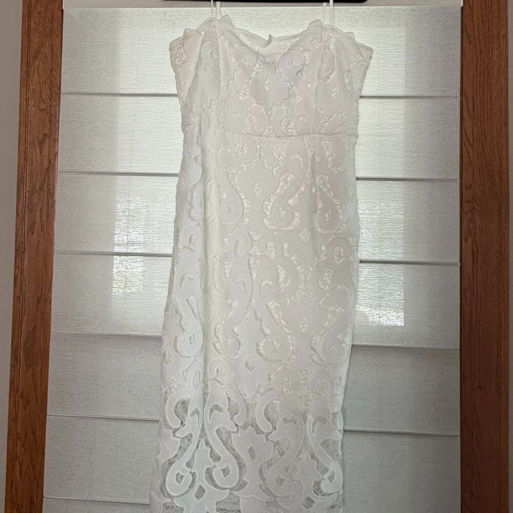 Bardot White Lace Sheath Dress – Boned Bodice, Spaghetti Straps (Bride to Be!)